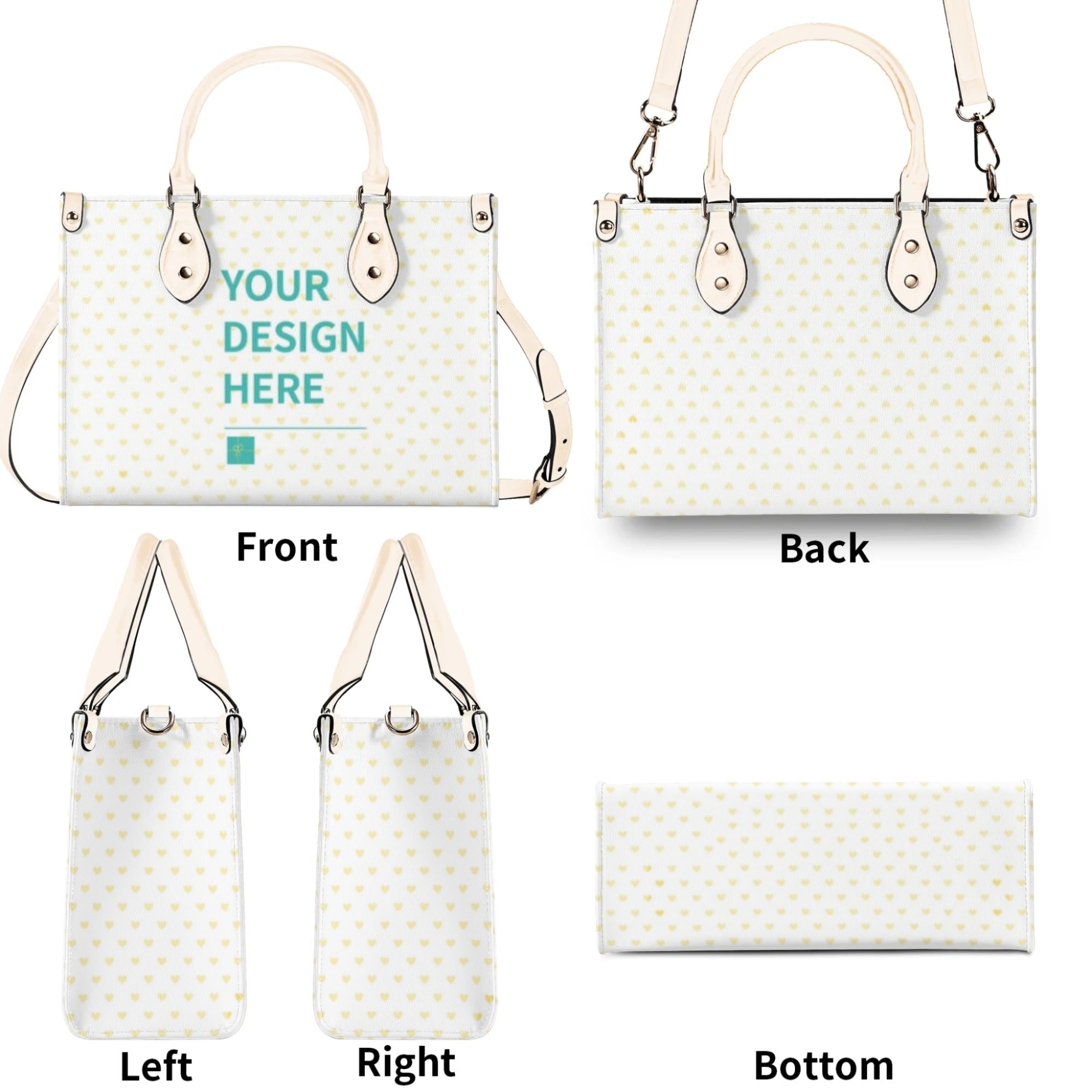 Customizable PU leather handbag with heart pattern and text 'YOUR DESIGN HERE' - work bag