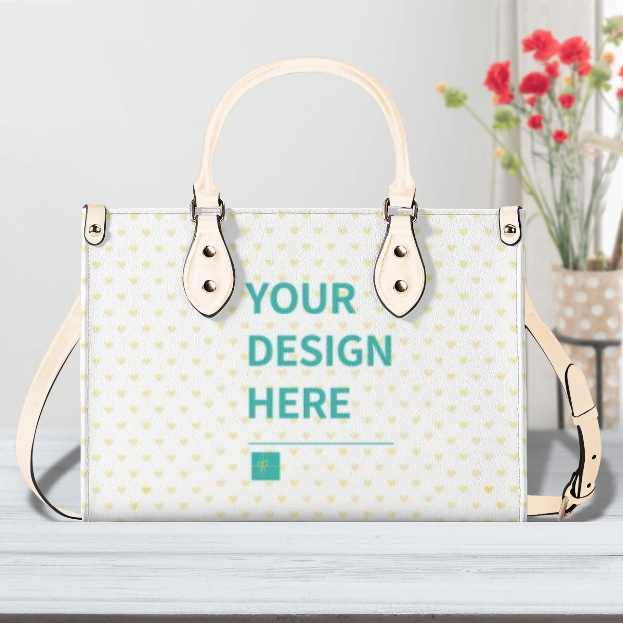 Customizable PU leather work bag with heart pattern and 'YOUR DESIGN HERE' text