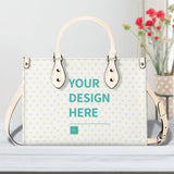 Customizable PU leather work bag with heart pattern and 'YOUR DESIGN HERE' text