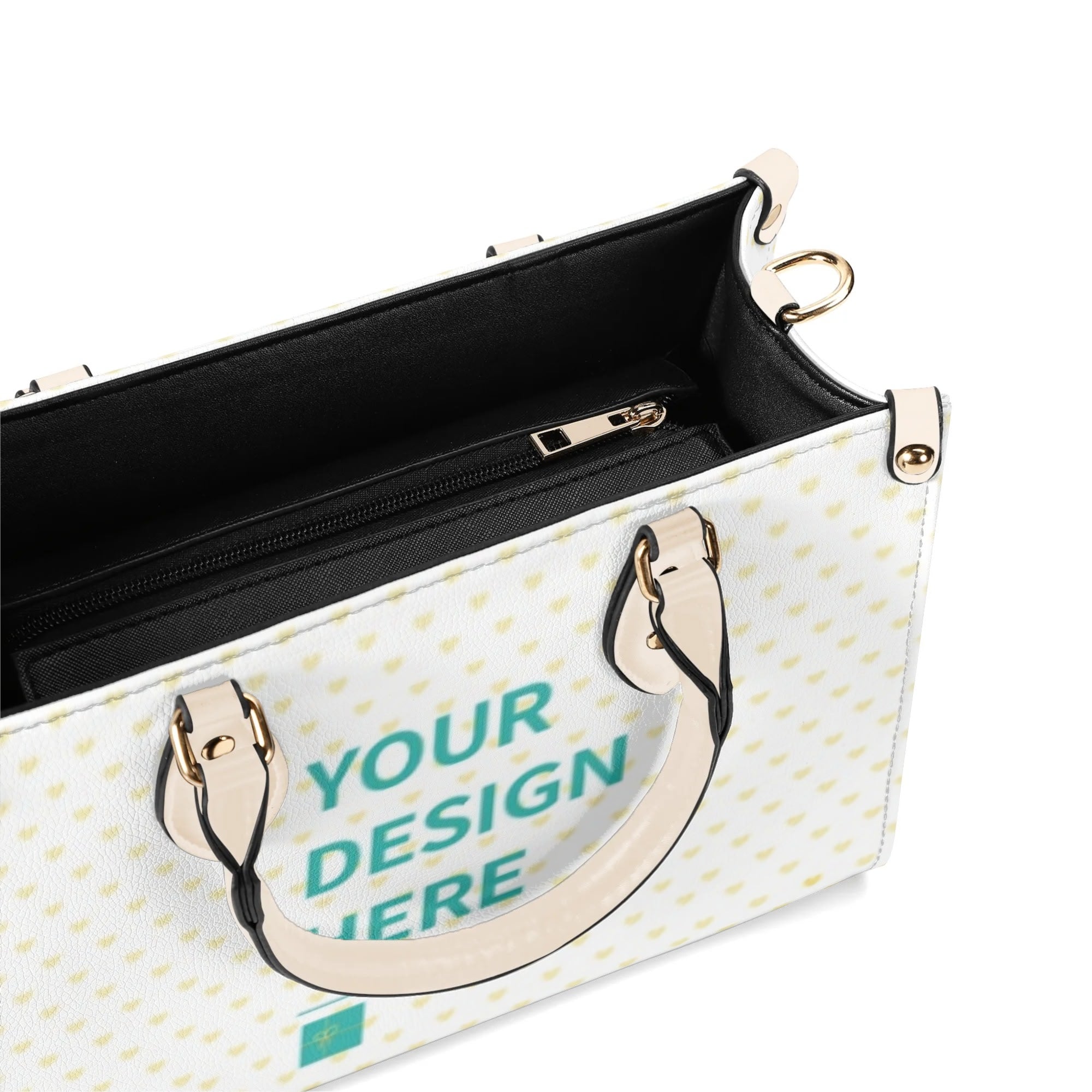 Customizable PU leather work bag with yellow heart pattern, your design here text, and black handles - work bag.