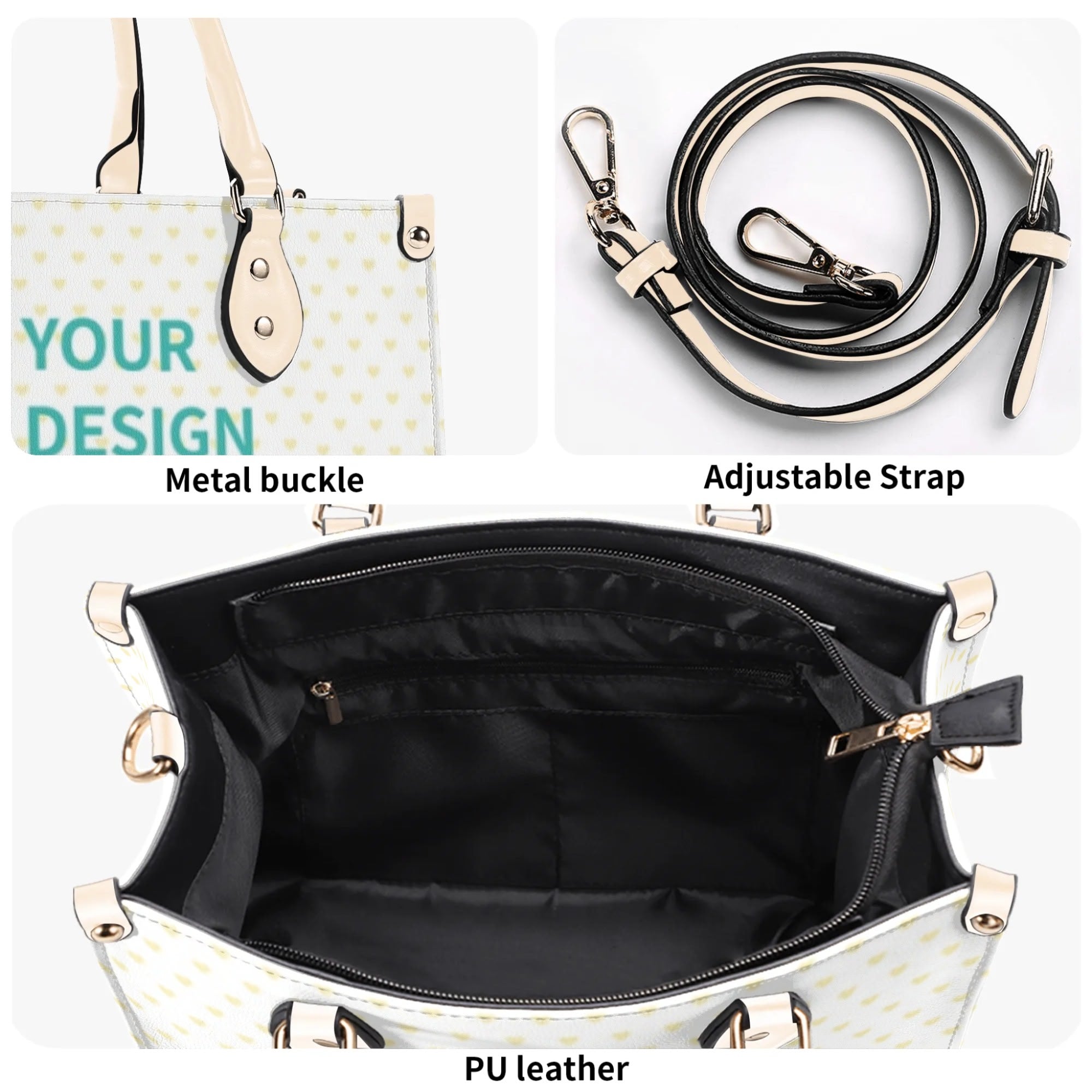 Personalized PU leather handbag with heart pattern and 'YOUR DESIGN HERE' text, black handles, adjustable strap, work bag.