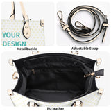 Personalized PU leather handbag with heart pattern and 'YOUR DESIGN HERE' text, black handles, adjustable strap, work bag.