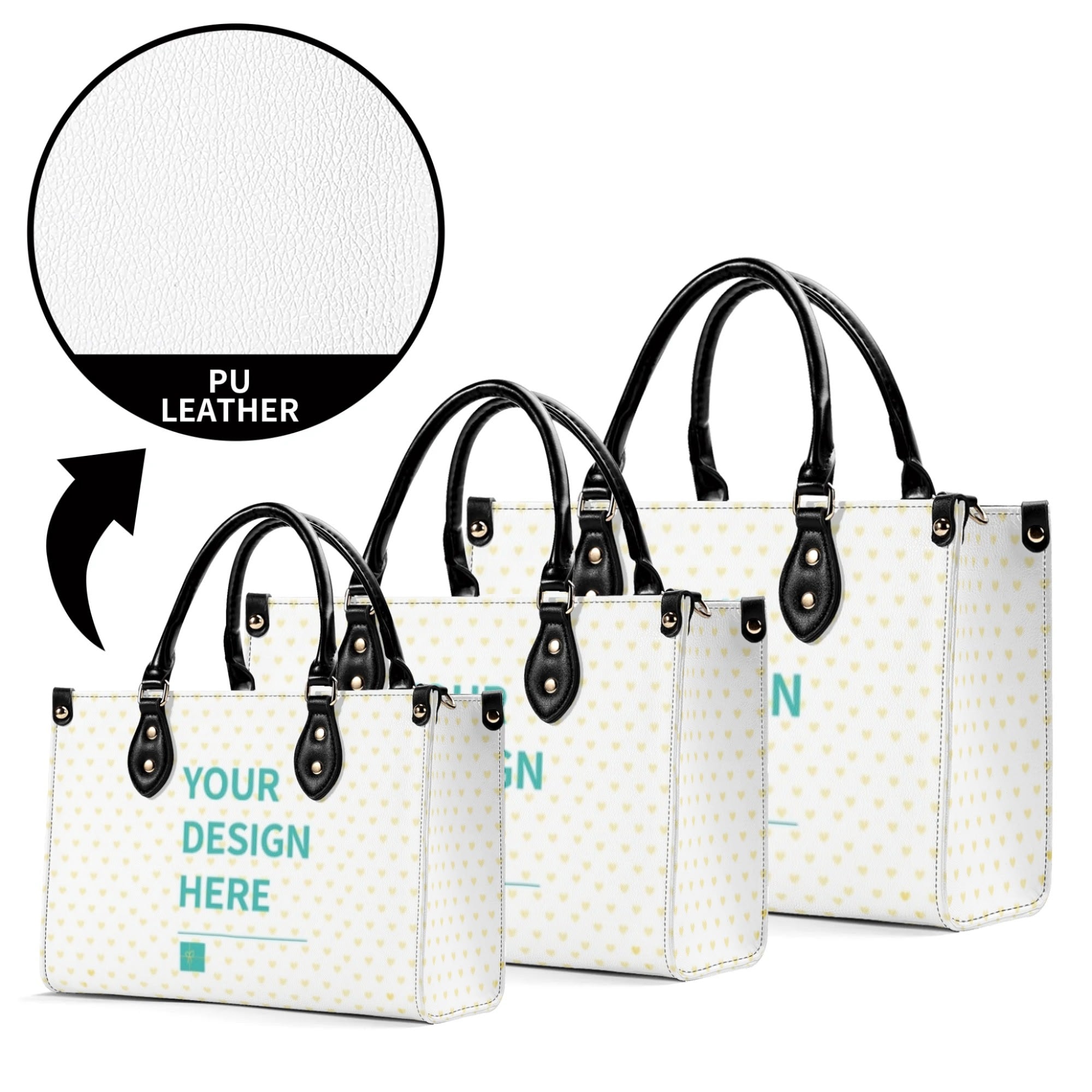 Personalized PU leather handbag with gold heart pattern, black handles, and text "YOUR DESIGN HERE" - work bag, shopping bag