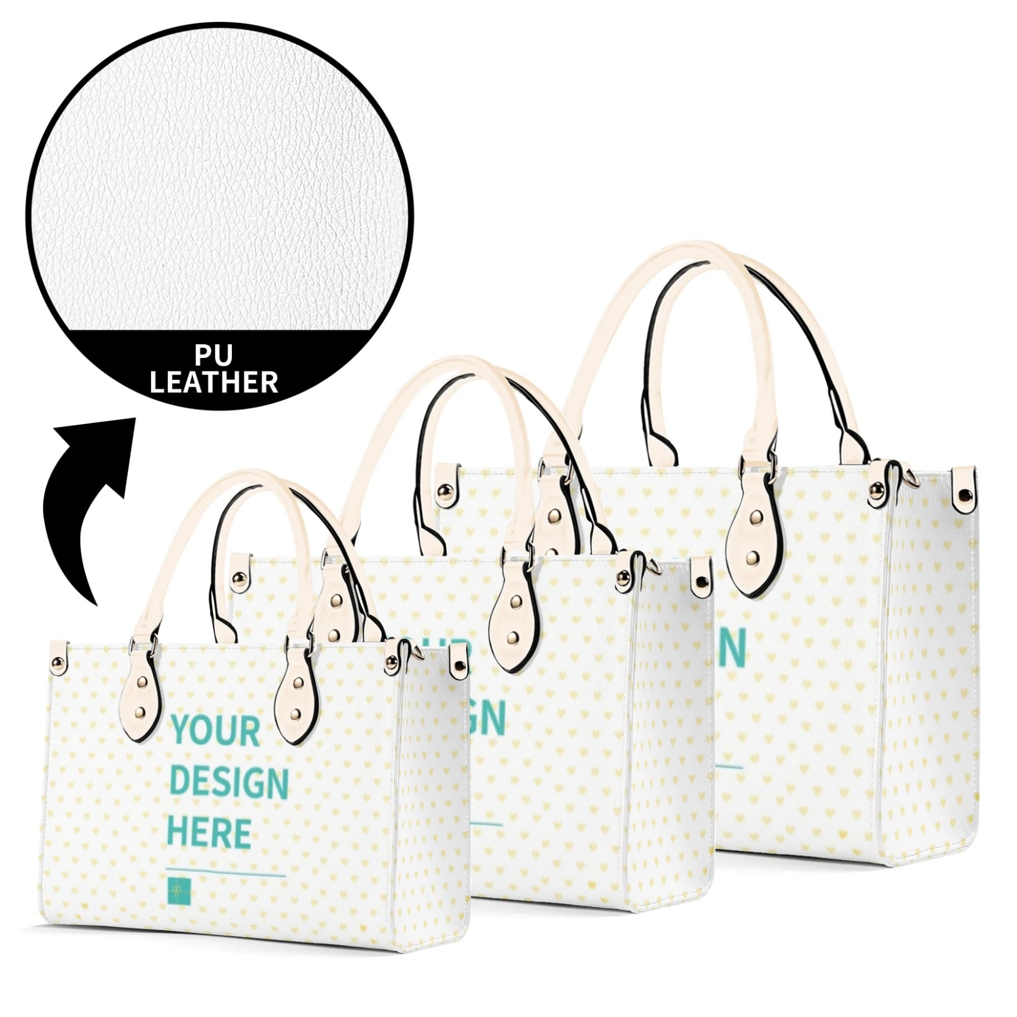 Personalized PU leather handbag with 'YOUR DESIGN HERE' text and heart pattern, work bag. Available in multiple sizes