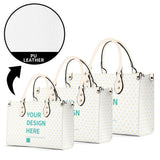Personalized PU leather handbag with 'YOUR DESIGN HERE' text and heart pattern, work bag. Available in multiple sizes