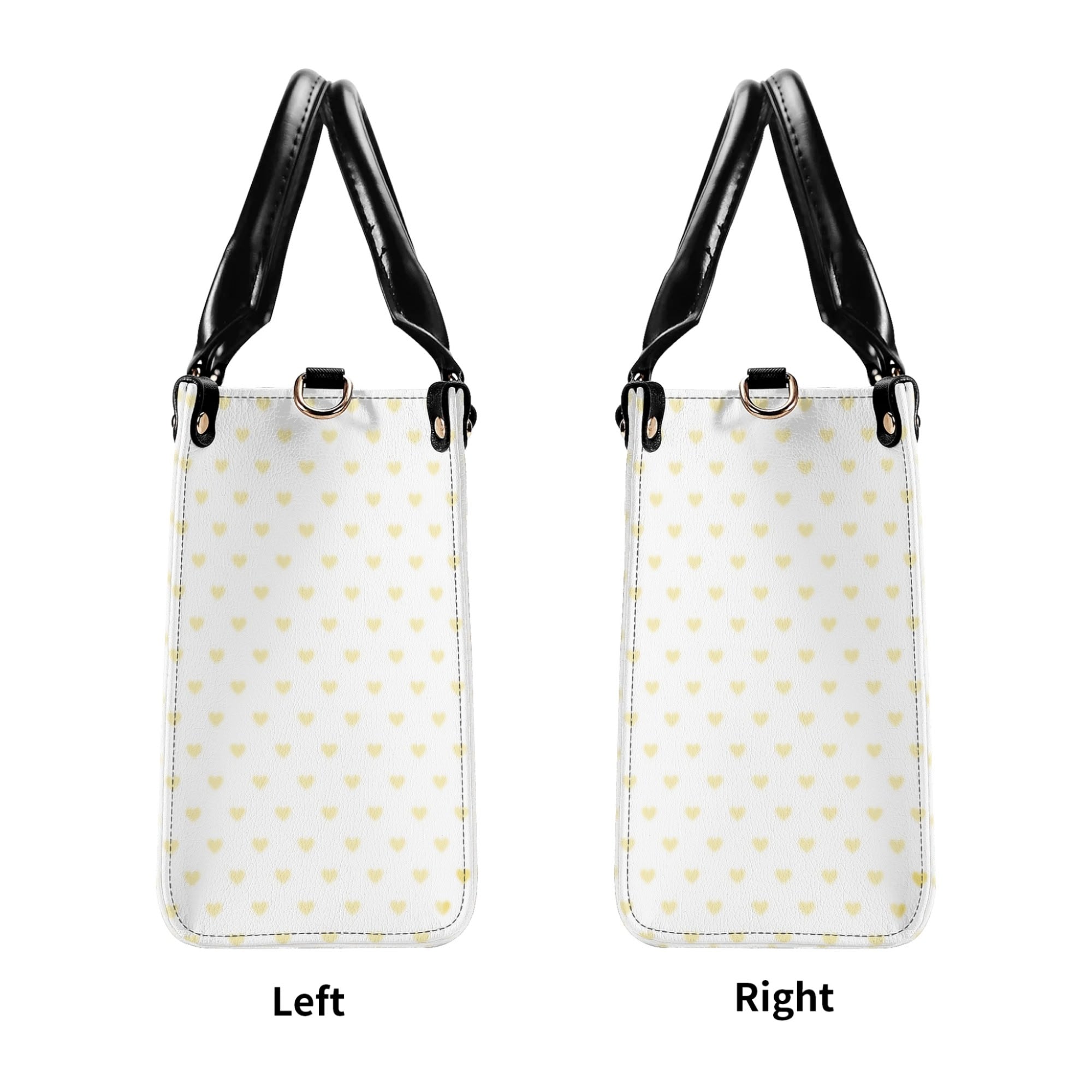 Personalized PU leather handbag, white with yellow heart pattern, black handles and straps. Left and Right view.