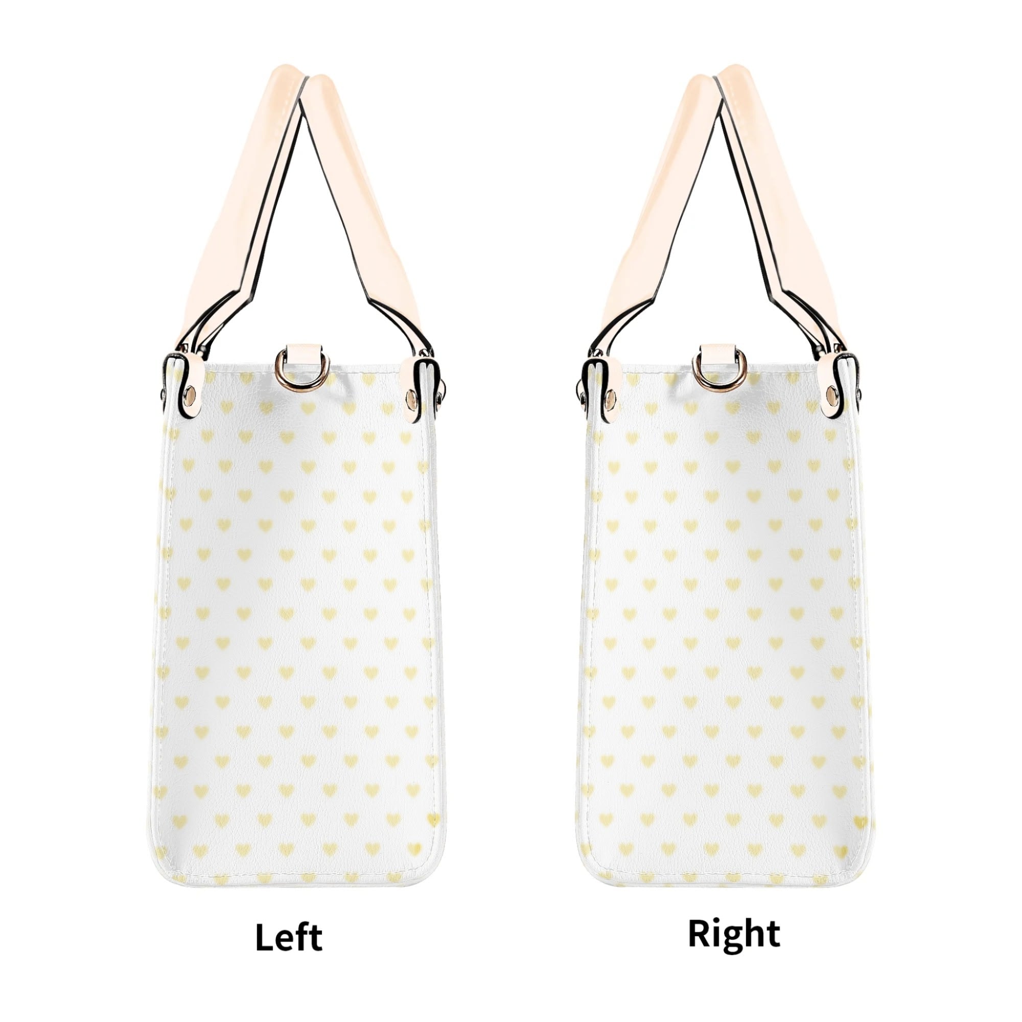 Personalized white PU leather handbag with yellow hearts pattern, black handles, left and right view, work bag.
