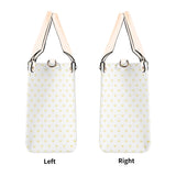 Personalized white PU leather handbag with yellow hearts pattern, black handles, left and right view, work bag.