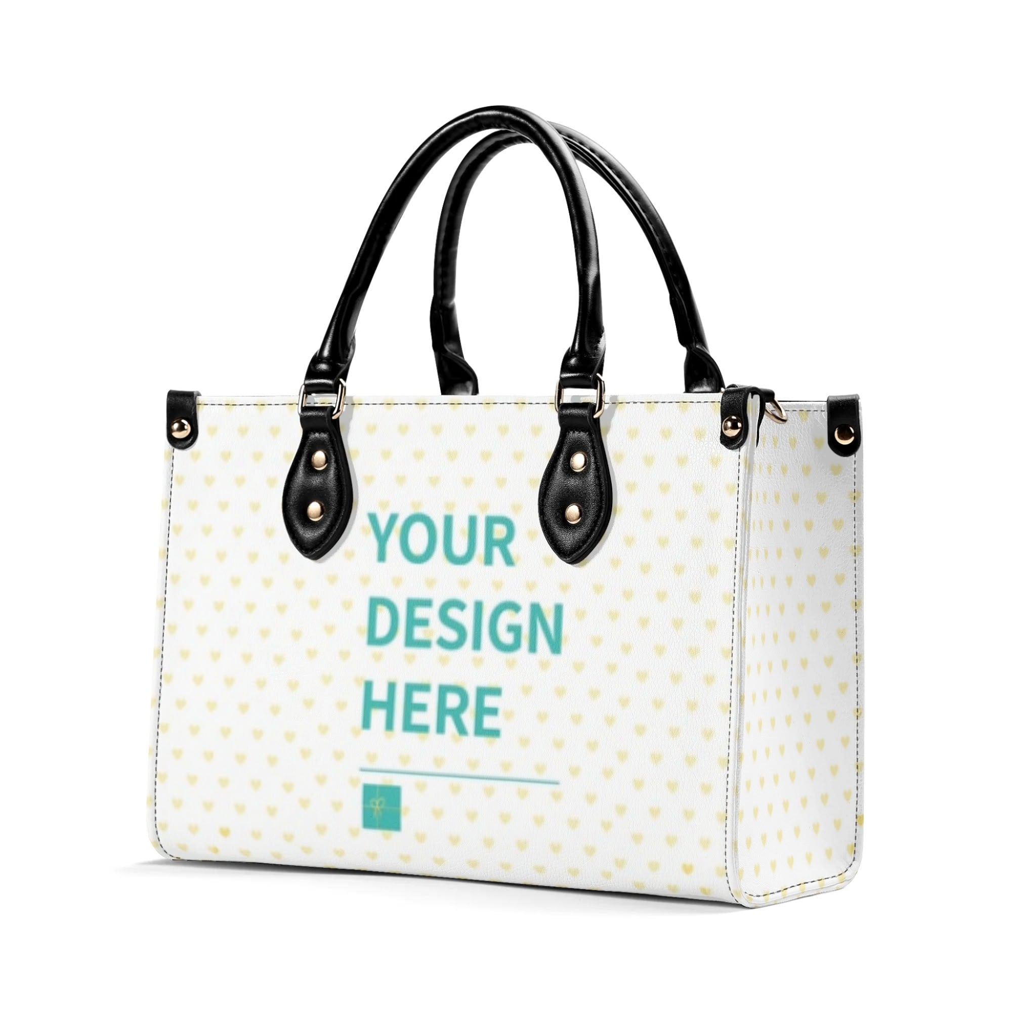 Customizable PU leather handbag with text "YOUR DESIGN HERE" featuring heart pattern, work or shopping bag.