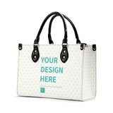 Customizable PU leather handbag with text "YOUR DESIGN HERE" featuring heart pattern, work or shopping bag.