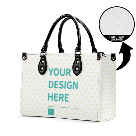 Customizable twill faux leather tote bag for women with black handles and a heart pattern, ready for your design