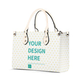 Personalized white PU leather tote bag with your design, heart pattern, and black handles. Work bag.