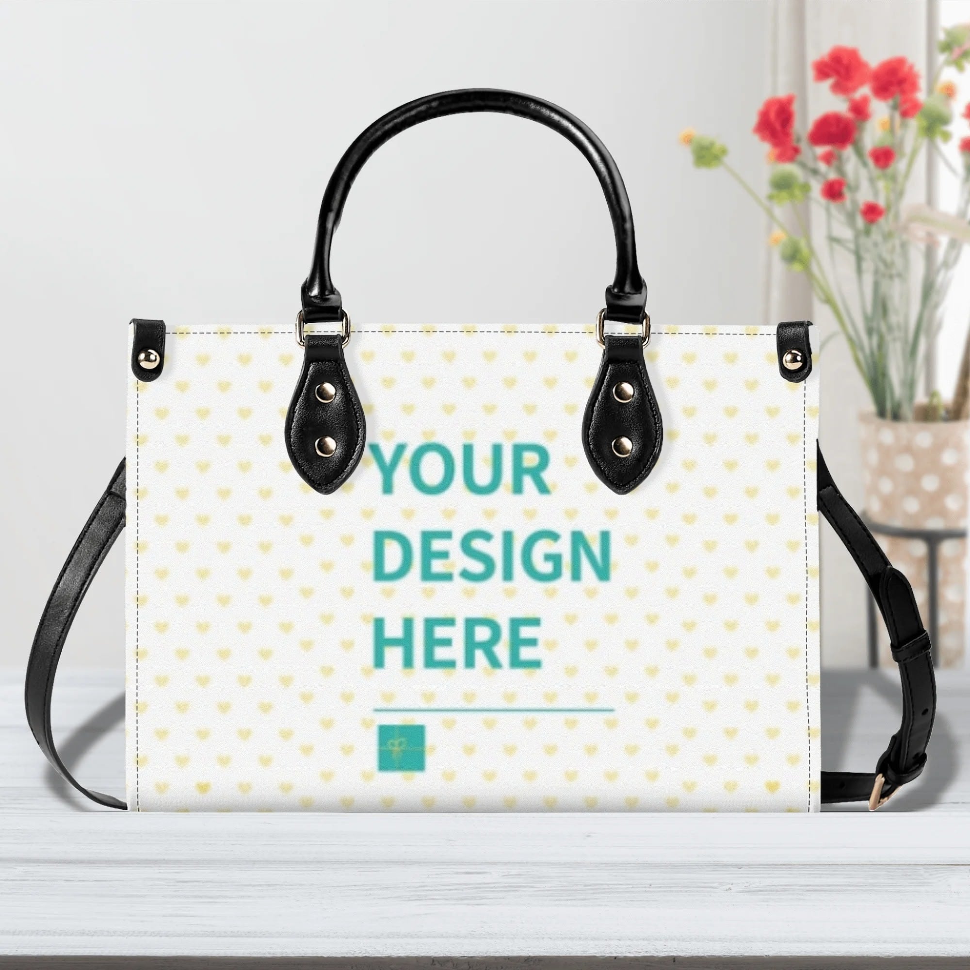 Personalized tote bag with your design; white PU leather with black handles and strap, perfect gifts for girls and mom.