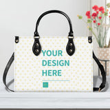 Personalized tote bag with your design; white PU leather with black handles and strap, perfect gifts for girls and mom.