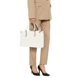 White PU leather work tote bag with yellow star pattern and cream handles.