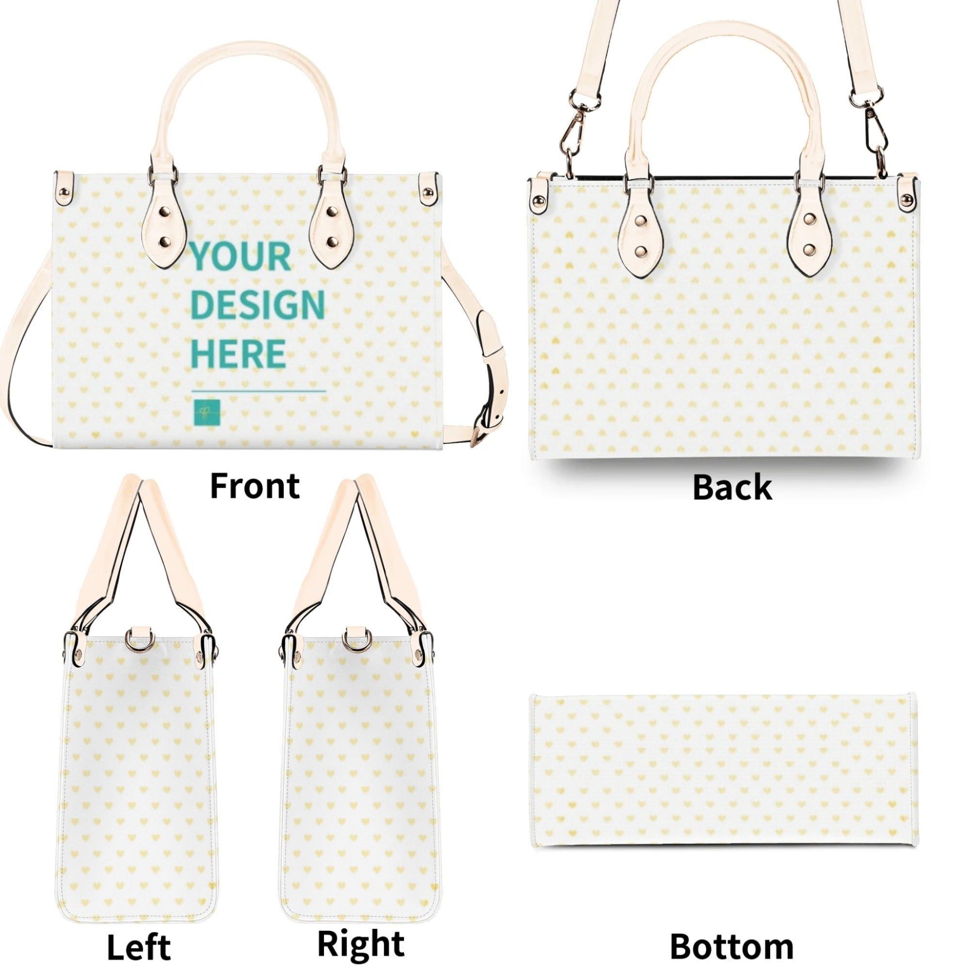 Personalized handbag with 'YOUR DESIGN HERE' text, yellow heart pattern, and cream handles; work bag.