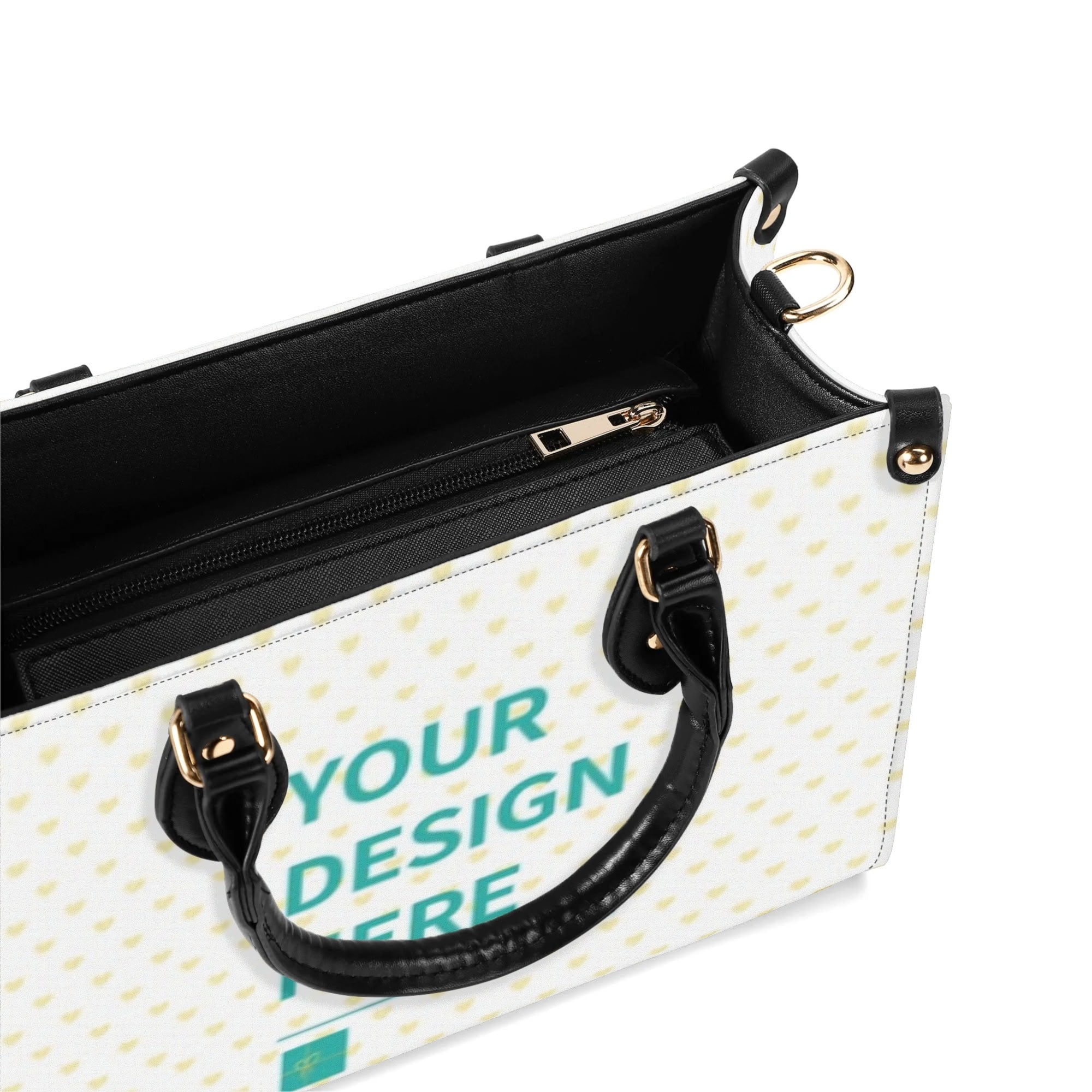 Personalized white PU leather tote bag with 'YOUR DESIGN HERE' text, black handles, and a heart pattern; perfect gift