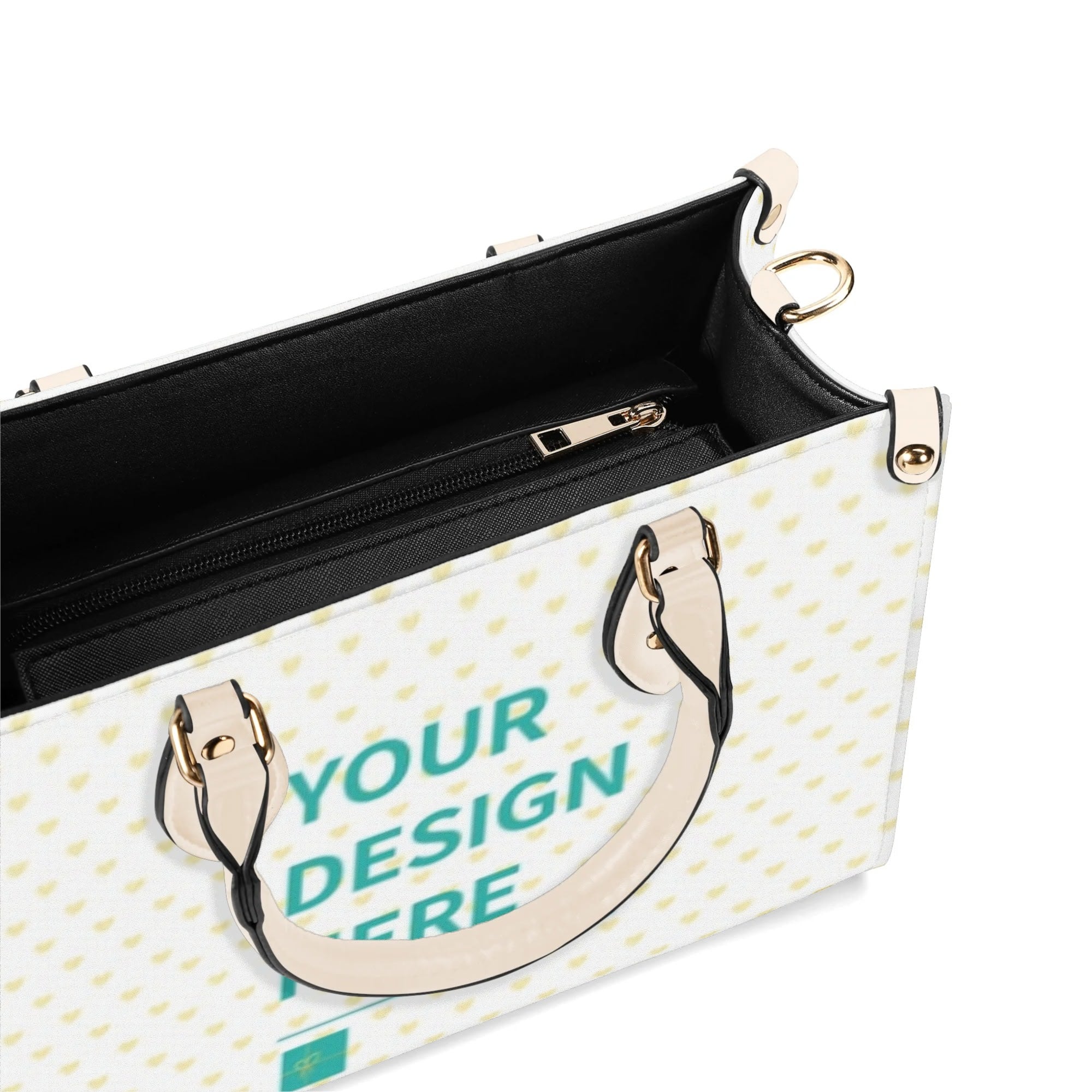 Personalized white PU leather tote bag with 'YOUR DESIGN HERE' and heart pattern, perfect for women and girls as a work bag.