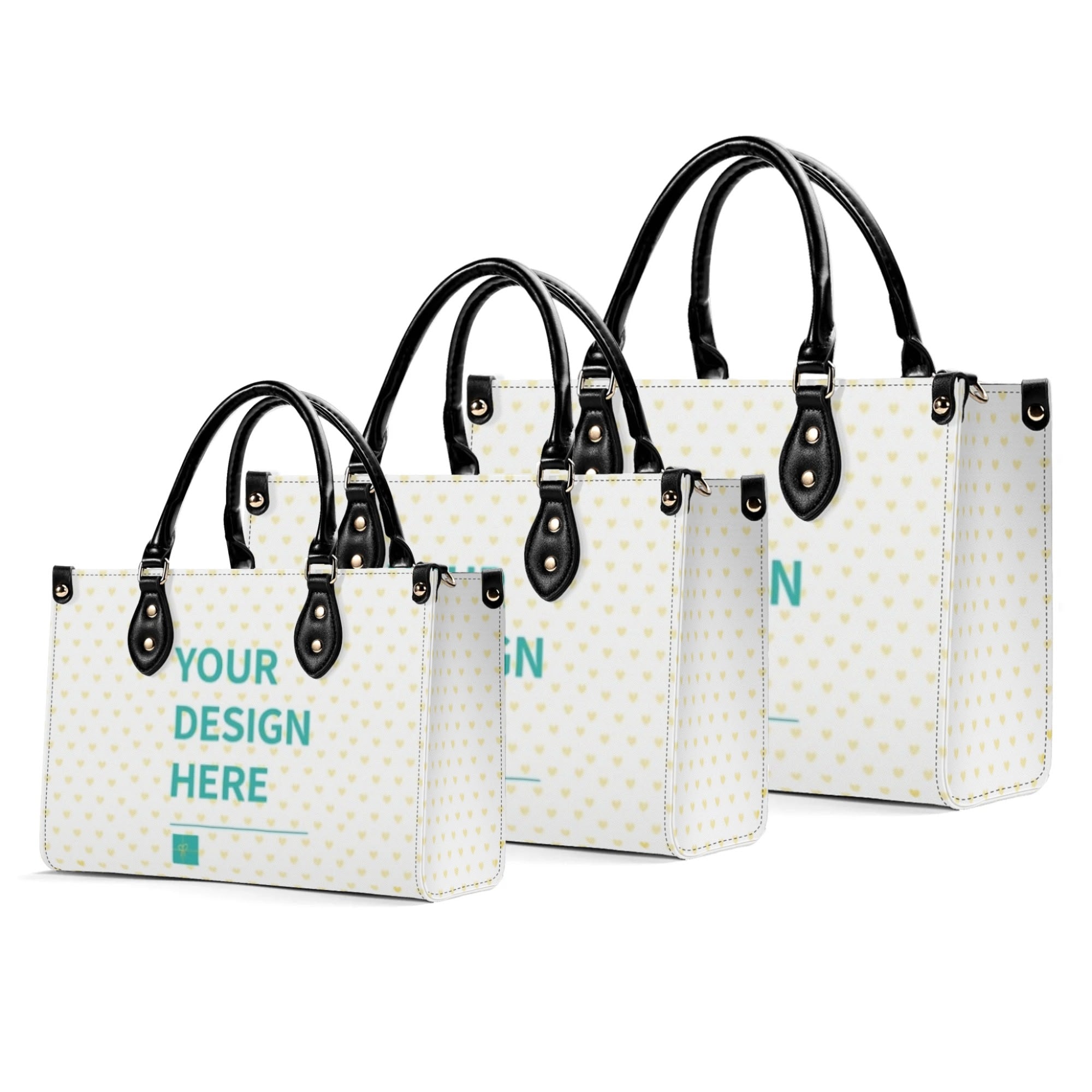 Personalized tote bags with 'YOUR DESIGN HERE' text, heart pattern, and black handles in three sizes; perfect work bag