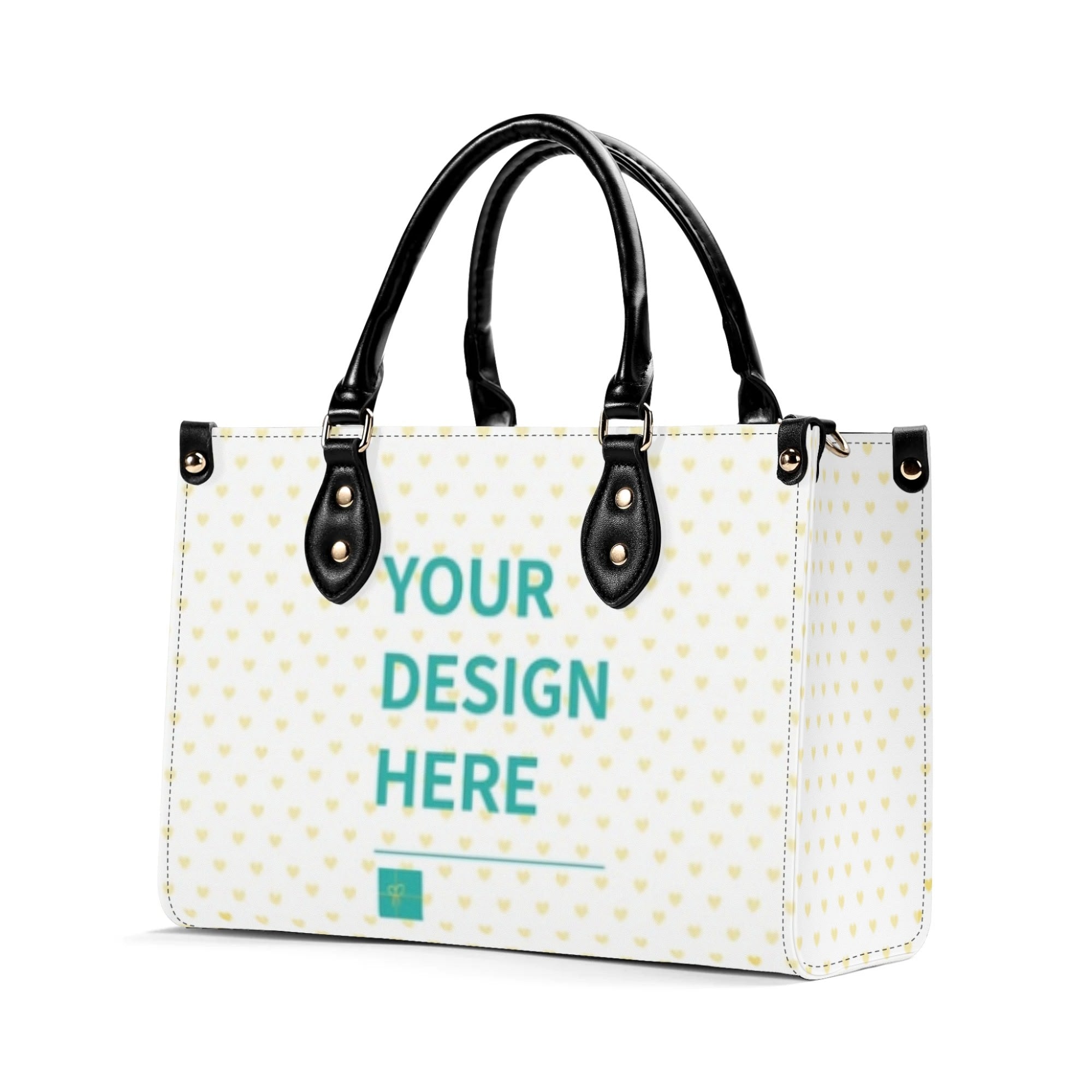 Personalized women's leather tote bag with "Your Design Here" text, black handles, and heart pattern; perfect gift.