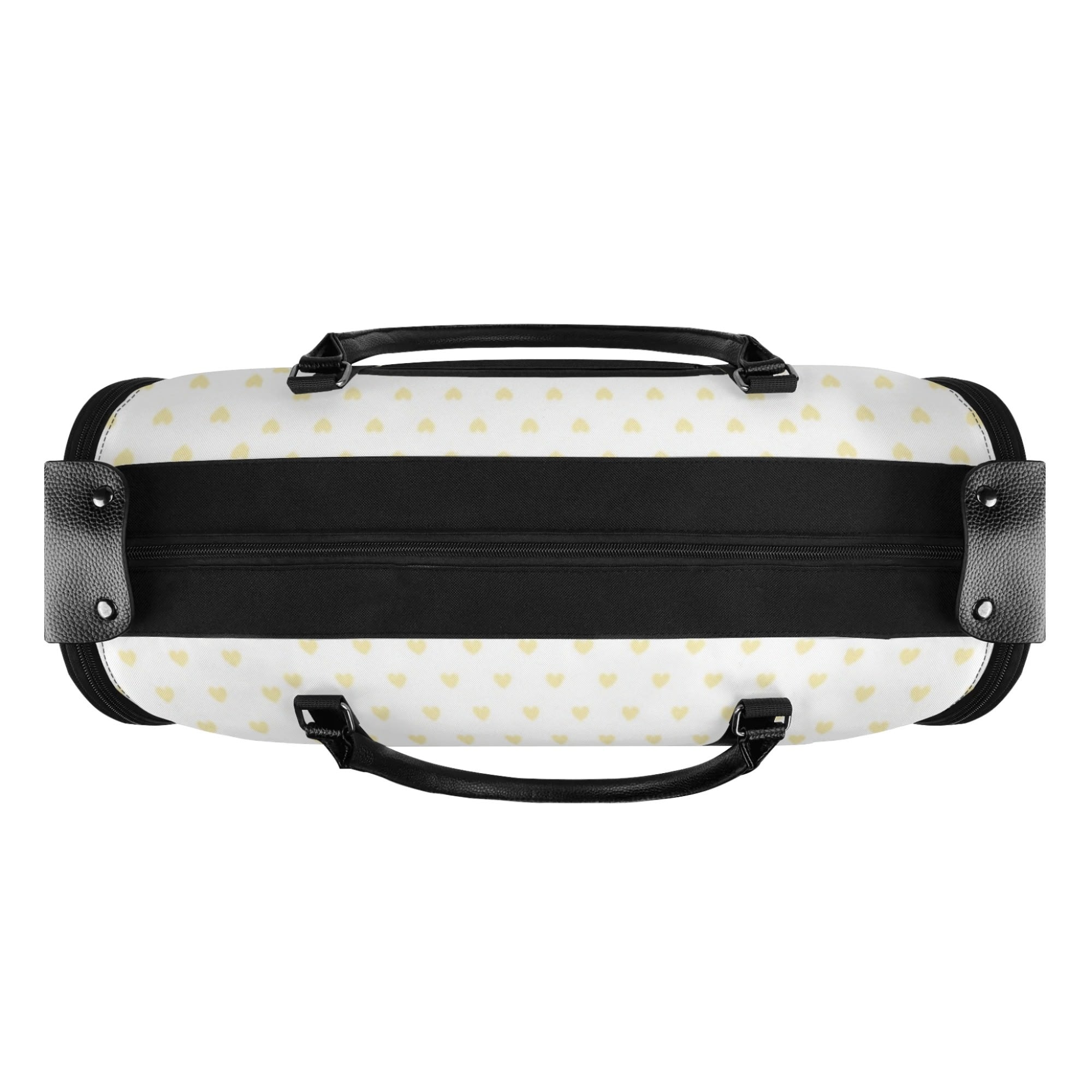 Foldable travel duffel bag, white with yellow hearts, black zipper, handles. Perfect travel gift.