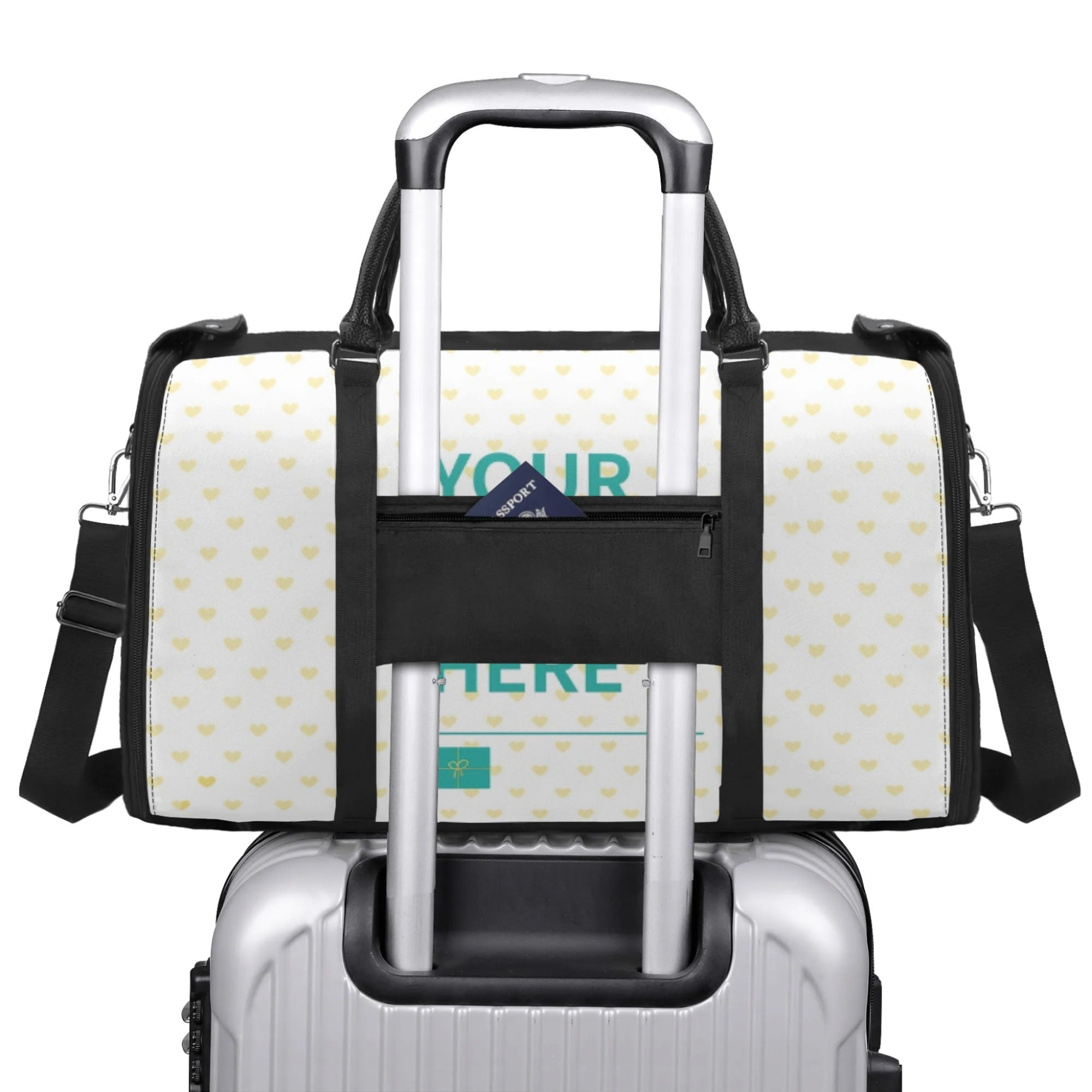 Personalized foldable travel duffel bag with heart pattern and 'YOUR HERE' text, on a travel luggage.