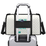 Personalized foldable travel duffel bag with heart pattern and 'YOUR HERE' text, on a travel luggage.