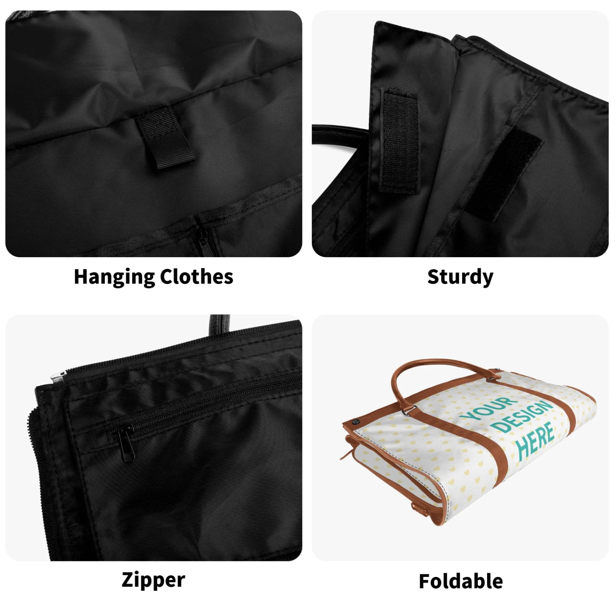 Foldable travel duffel bag features: clothes hanging, sturdy, zipper and foldable design. Customizable travel luggage.