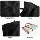 Foldable travel duffel bag features: clothes hanging, sturdy, zipper and foldable design. Customizable travel luggage.