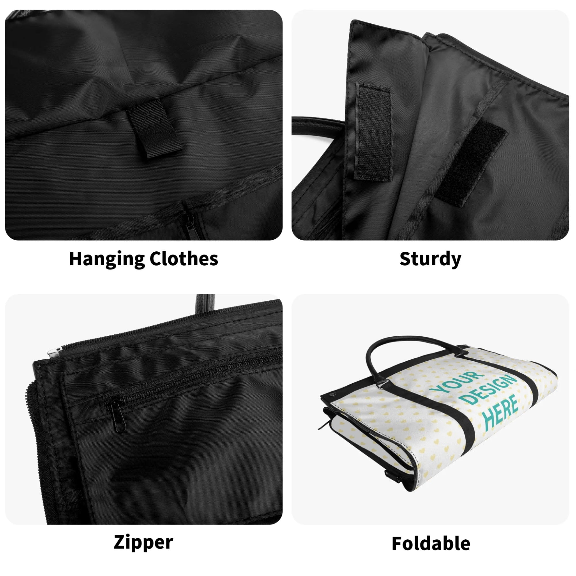 Black foldable travel duffel bag features: hanging clothes, sturdy, zipper and foldable design.