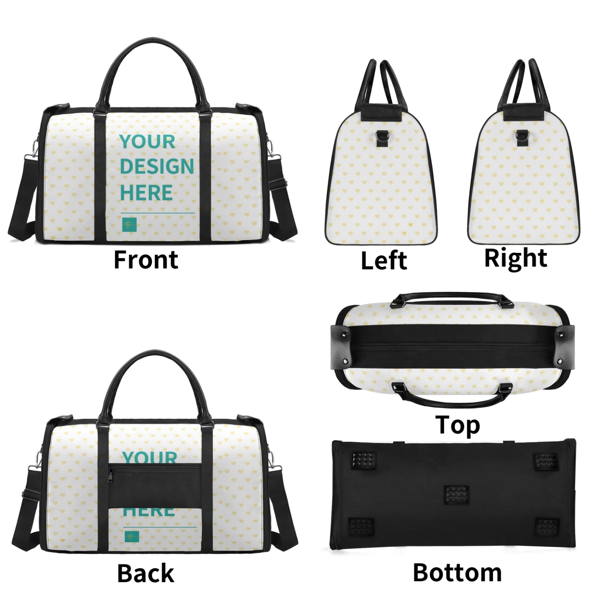 Personalized foldable travel duffel bag with 'YOUR DESIGN HERE' and heart pattern, ideal travel gift.
