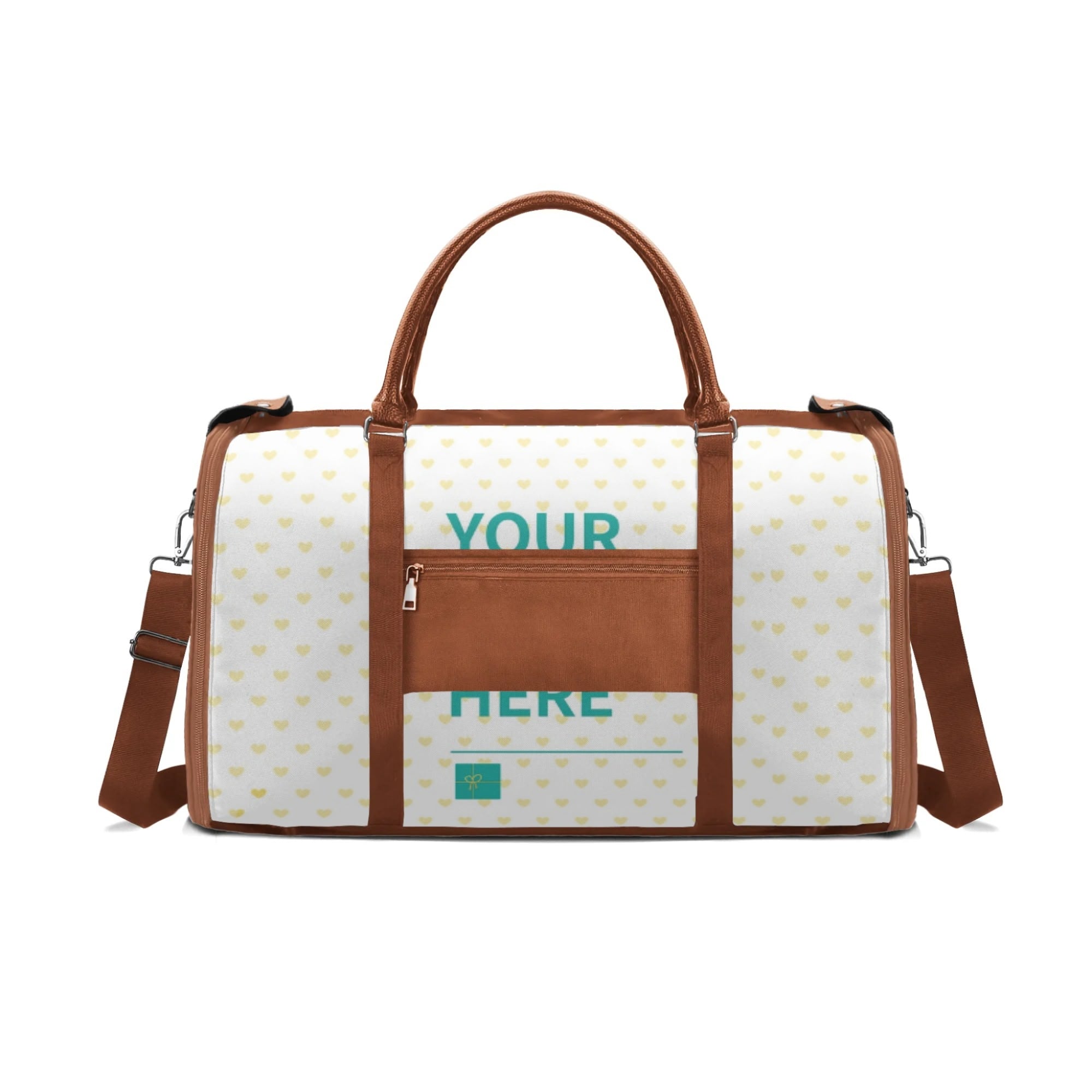Customizable travel duffel bag with 'YOUR HERE' text and heart pattern, perfect for personalized gifts.