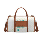 Customizable travel duffel bag with 'YOUR HERE' text and heart pattern, perfect for personalized gifts.