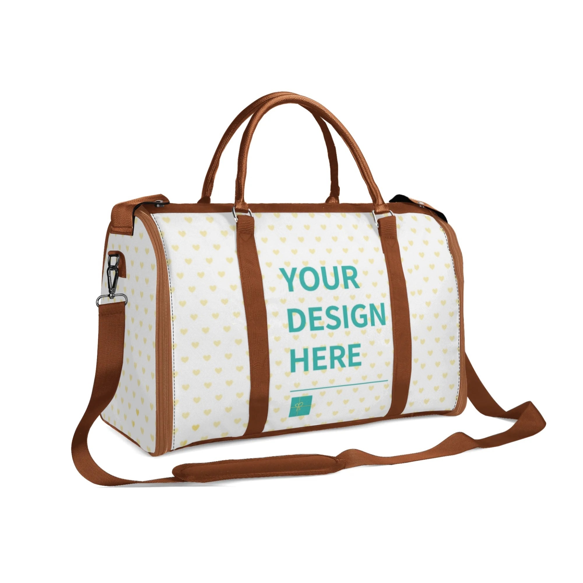 Personalized travel duffel bag with 'YOUR DESIGN HERE' text, perfect for gifts, brown straps, and heart pattern.