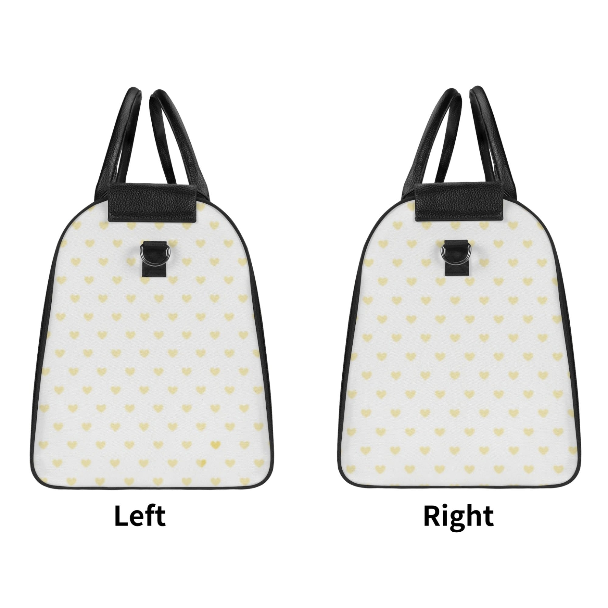 Personalized foldable travel duffel bag with heart pattern, black accents, perfect travel luggage.