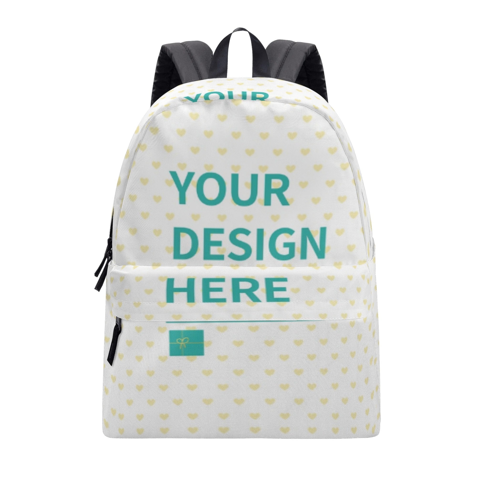 Personalized backpack with custom design, white with yellow hearts. Perfect for school, travel, or daily use.