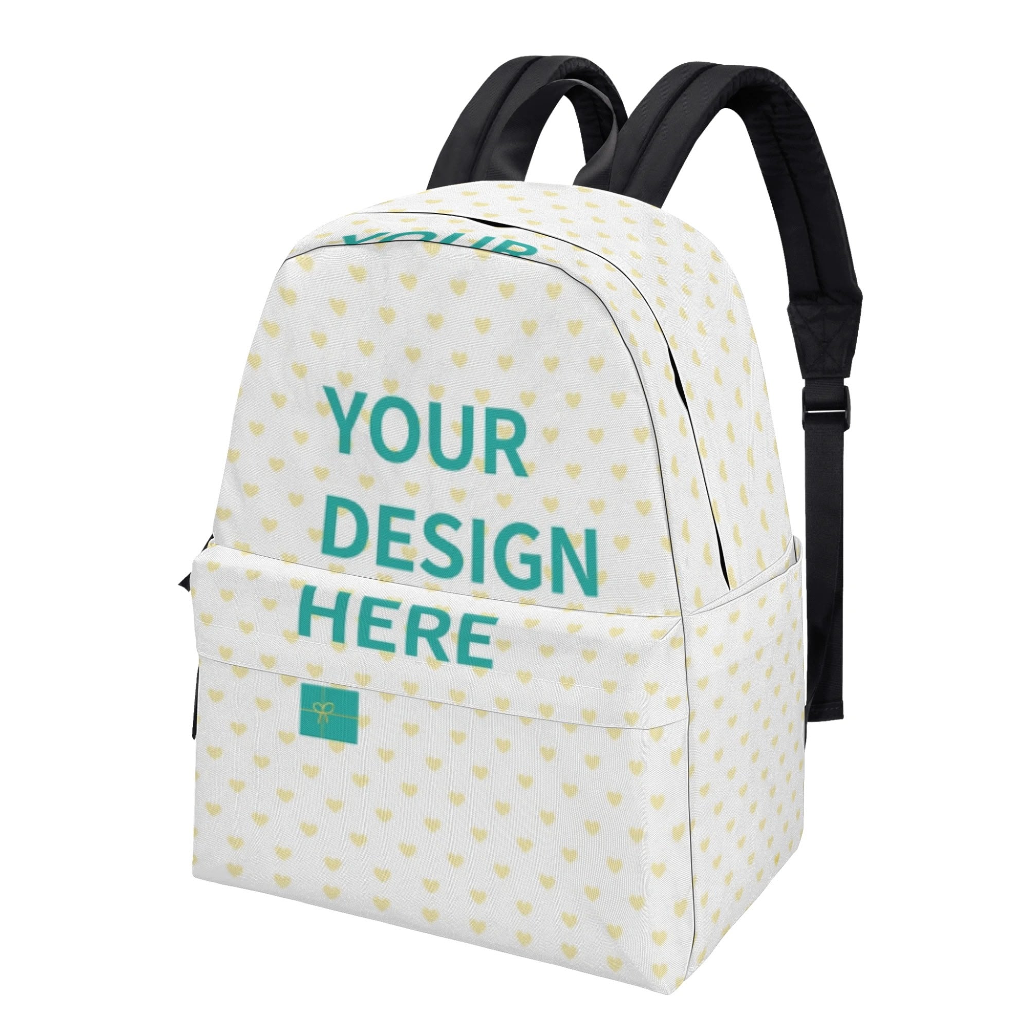Customizable heart pattern backpack with Your Design Here text, perfect for school and travel, personalized gift
