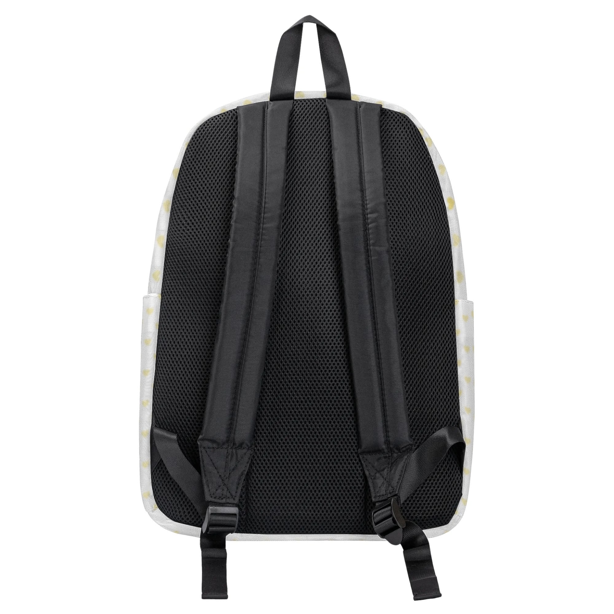 Customizable backpack with yellow heart pattern and black straps. Perfect school backpack, travel, and daily use.