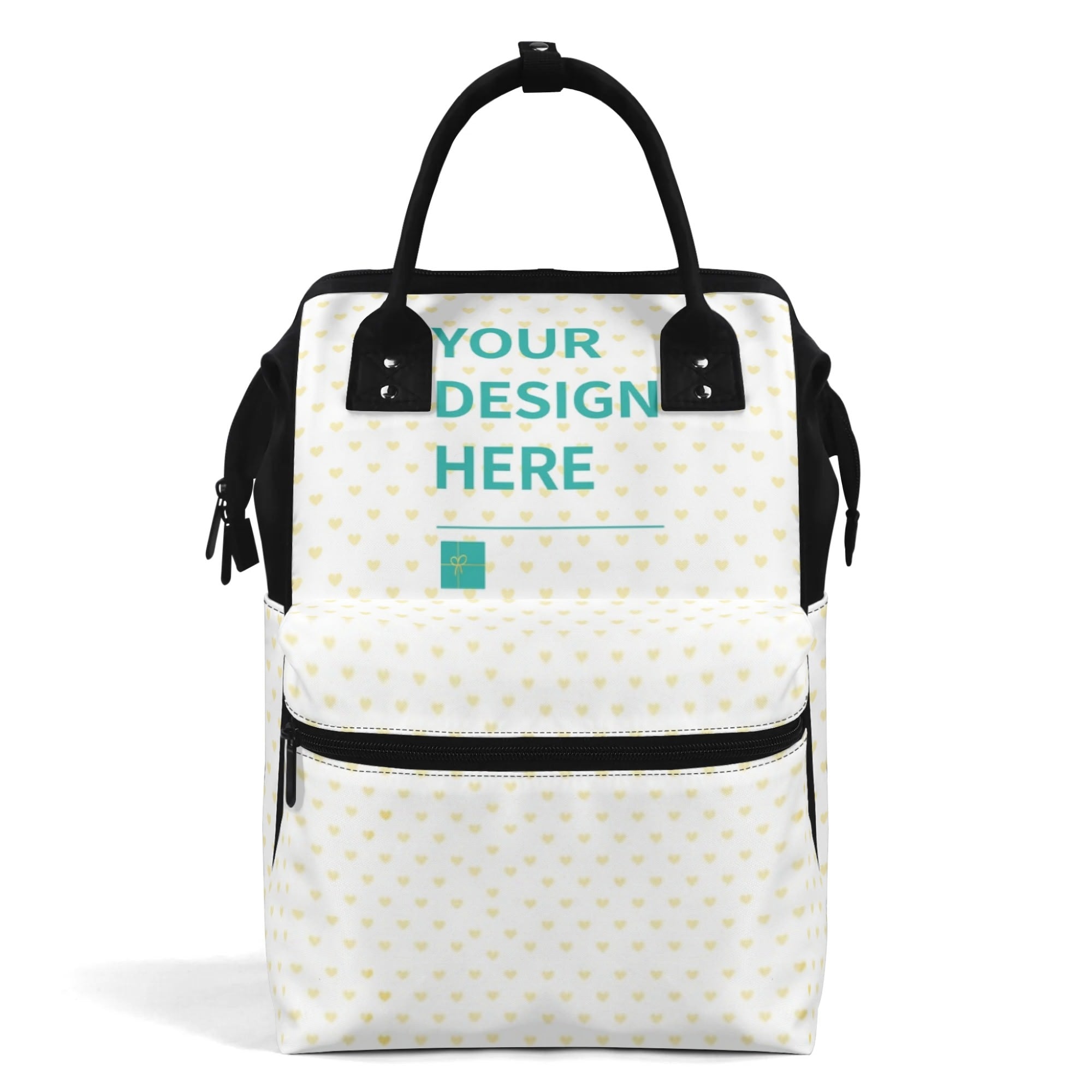 Personalized Mummy Backpack with 'YOUR DESIGN HERE', white with yellow hearts, black accents, baby care bag.