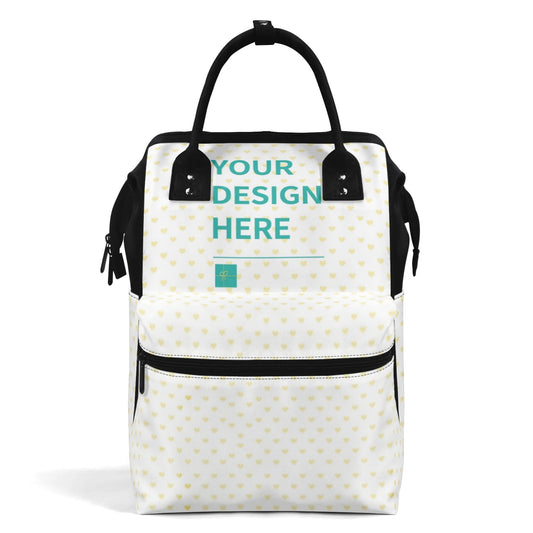 Personalized Mummy Backpack with 'YOUR DESIGN HERE', white with yellow hearts, black accents, baby care bag.