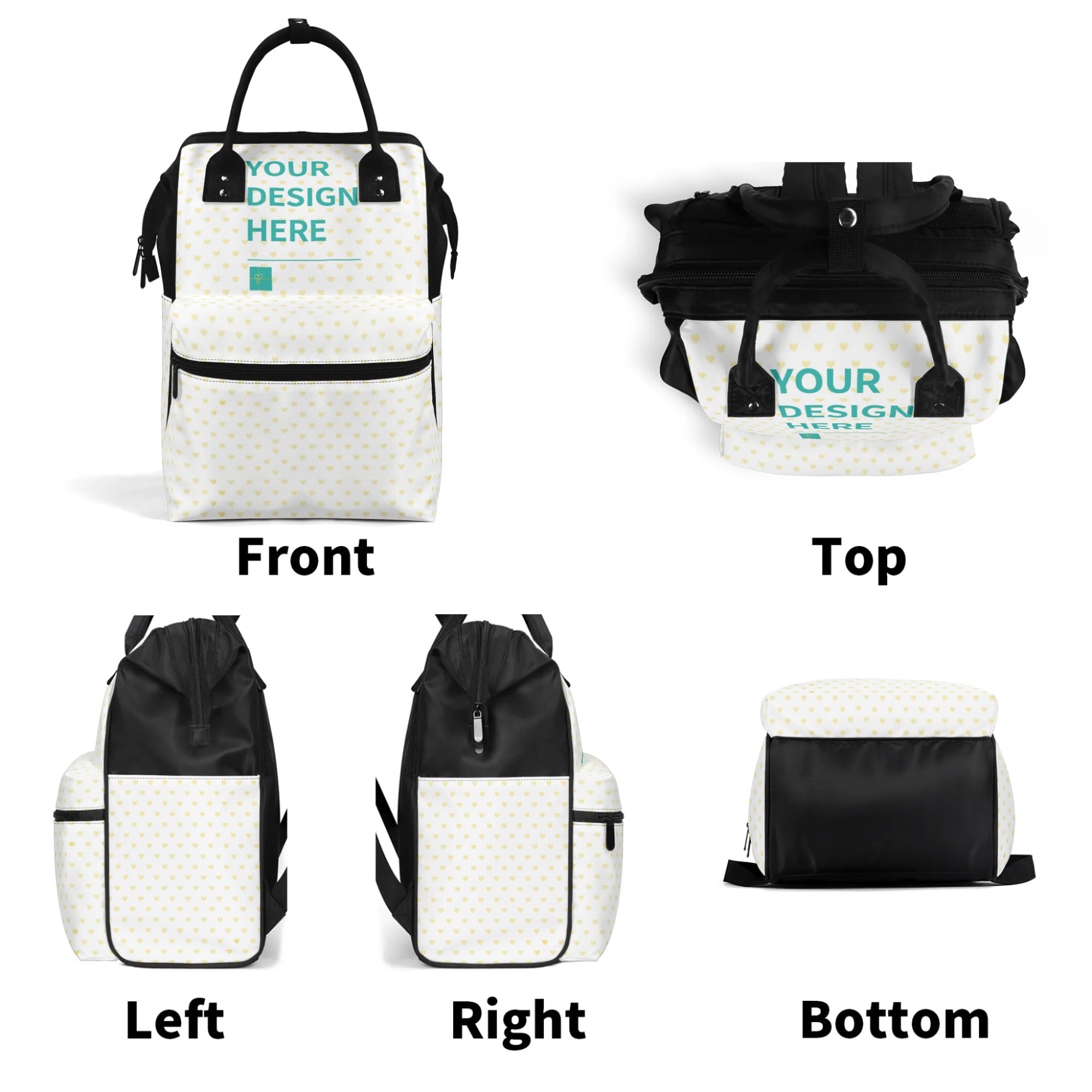 Personalized mummy backpack with 'YOUR DESIGN HERE' text, white with yellow hearts, black accents, diaper bag.