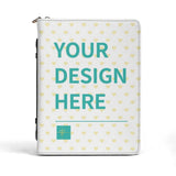 Customizable PU Leather Bible Cover, white with heart pattern, "YOUR DESIGN HERE" text. Zippered, perfect for men or women.