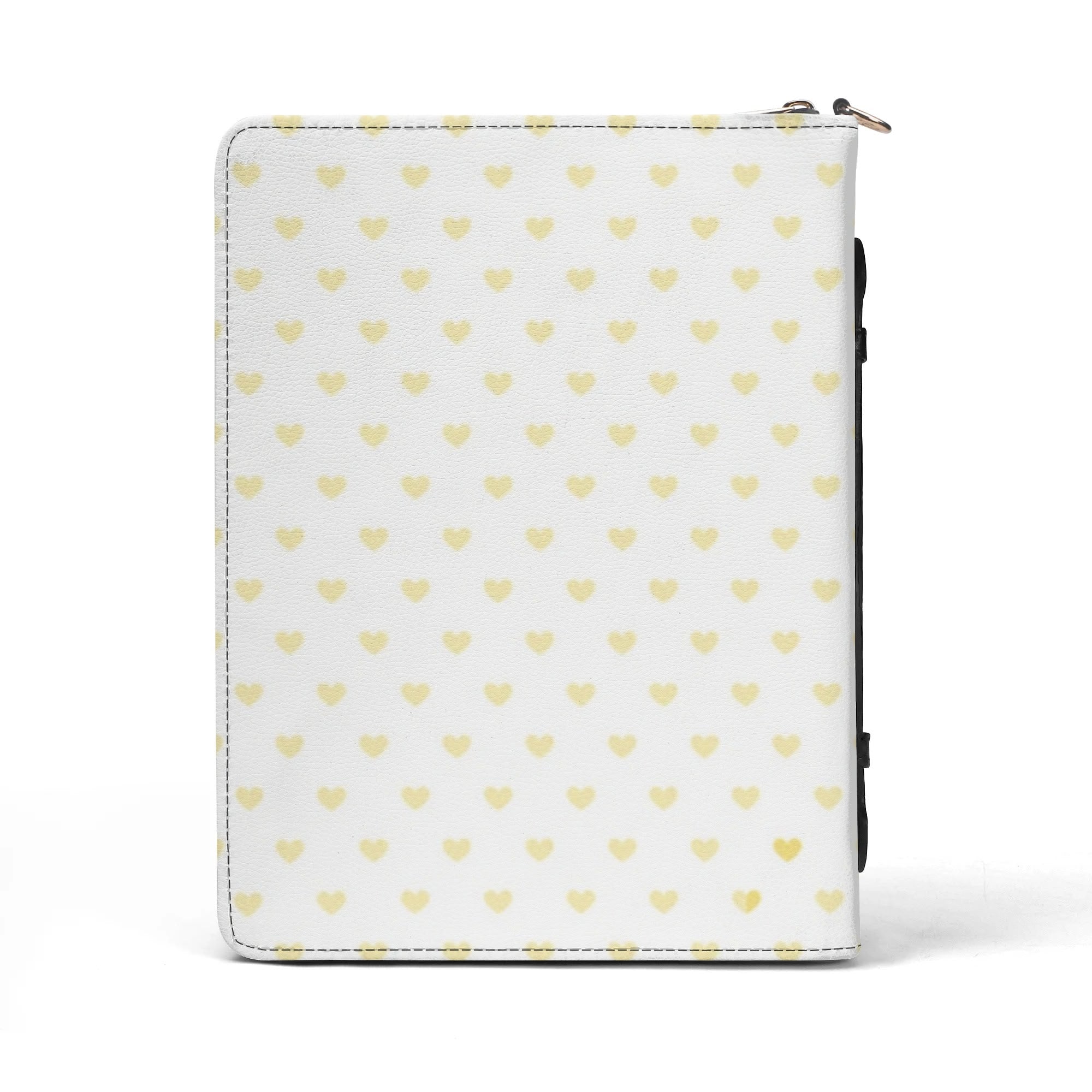 White PU leather Bible cover with yellow heart pattern, zippered closure, for men and women.
