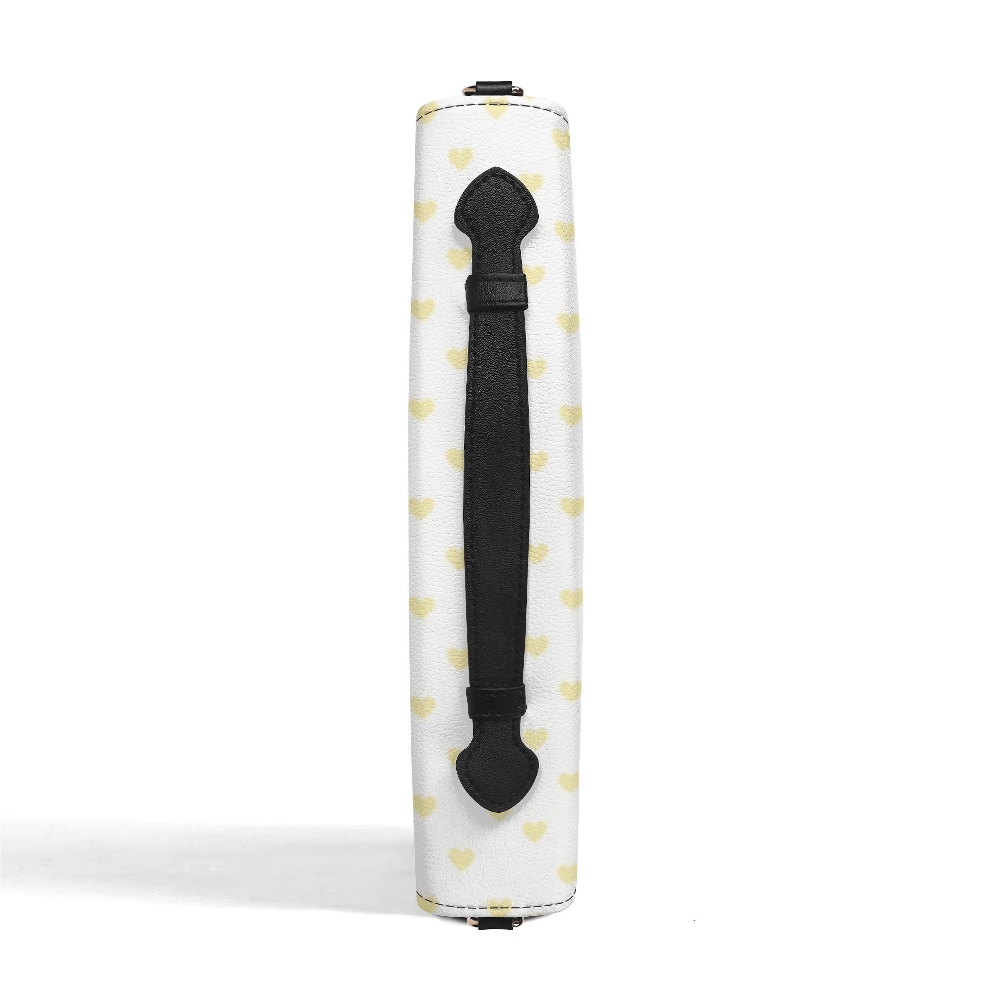 White PU leather Bible cover with yellow hearts, black handle, zippered closure, for men and women.