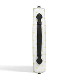 White PU leather Bible cover with yellow hearts, black handle, zippered closure, for men and women.