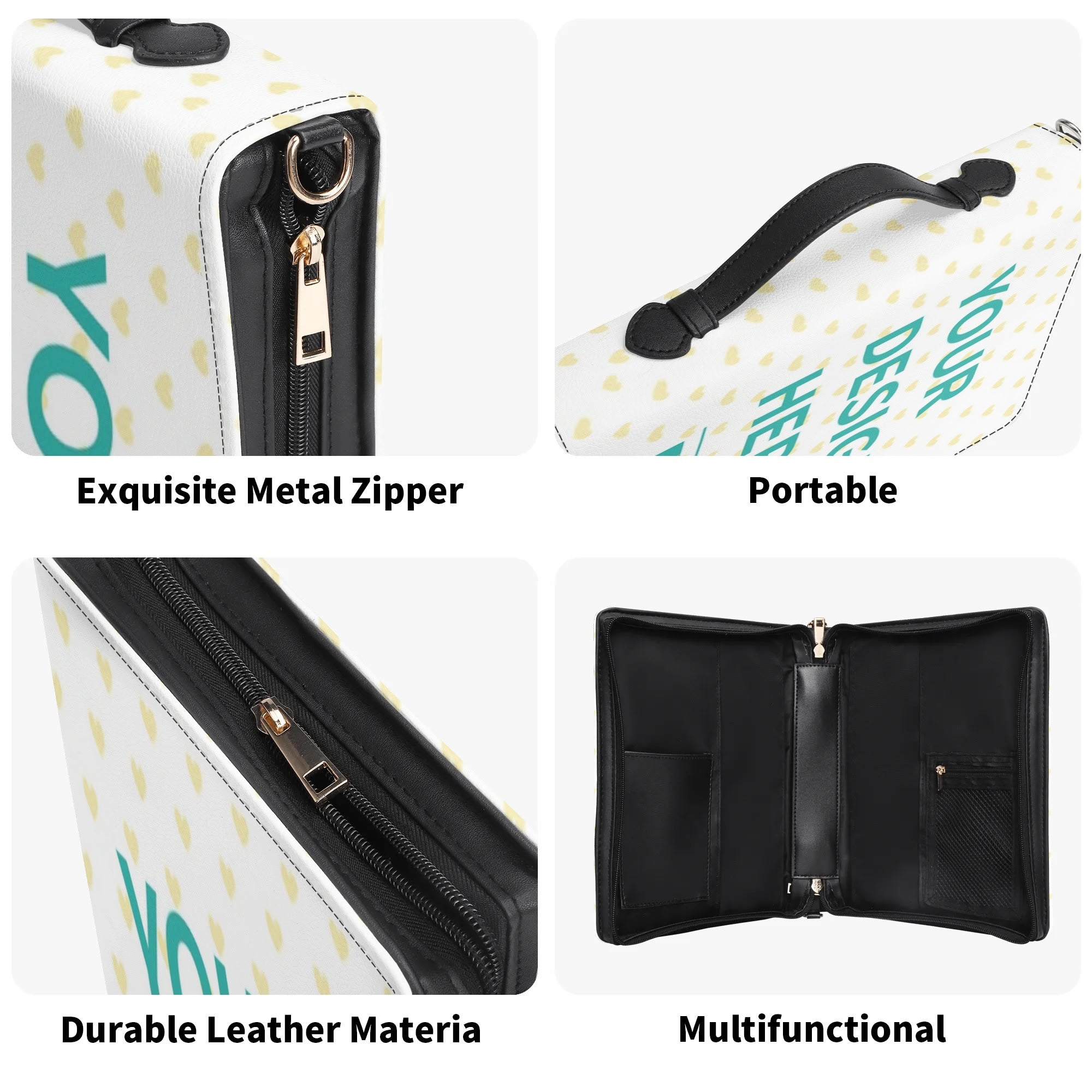 Personalized PU Leather Bible Cover, featuring metal zipper, handle, inside bag and zip bag, heart pattern