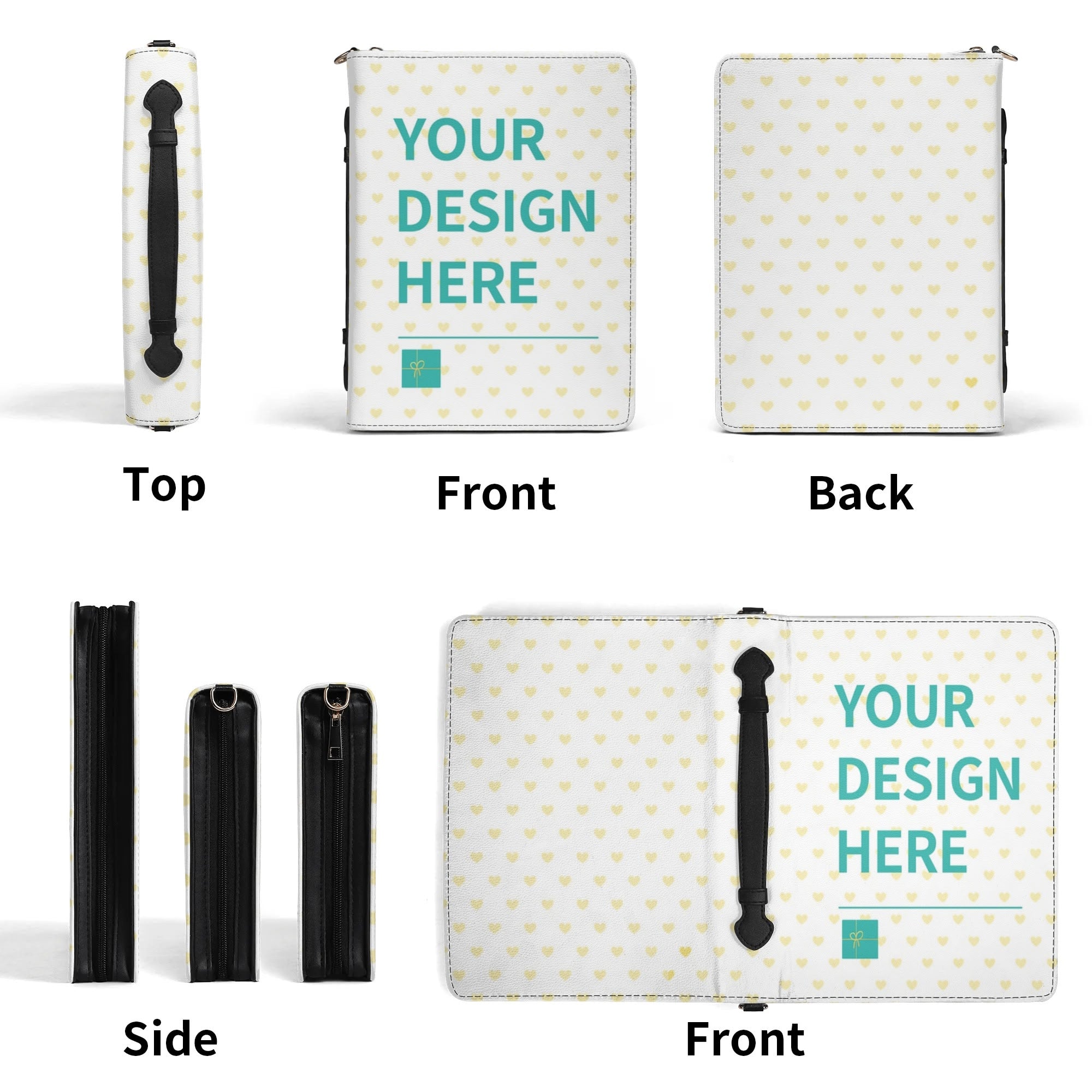 Personalized white PU leather Bible cover with heart pattern, custom design area