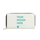 Customizable long wallet with 'YOUR DESIGN HERE' text, PU leather, zipper closure