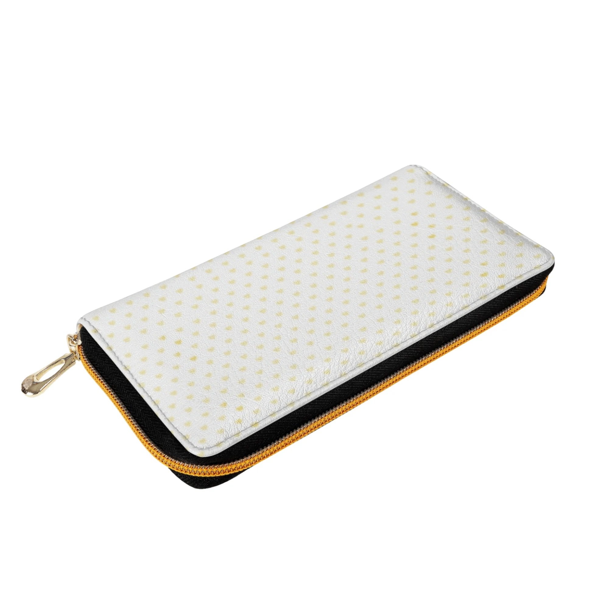 White long wallet with yellow heart pattern, gold zipper closure, PU leather waterproof. Perfect gift