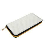 White long wallet with yellow heart pattern, gold zipper closure, PU leather waterproof. Perfect gift